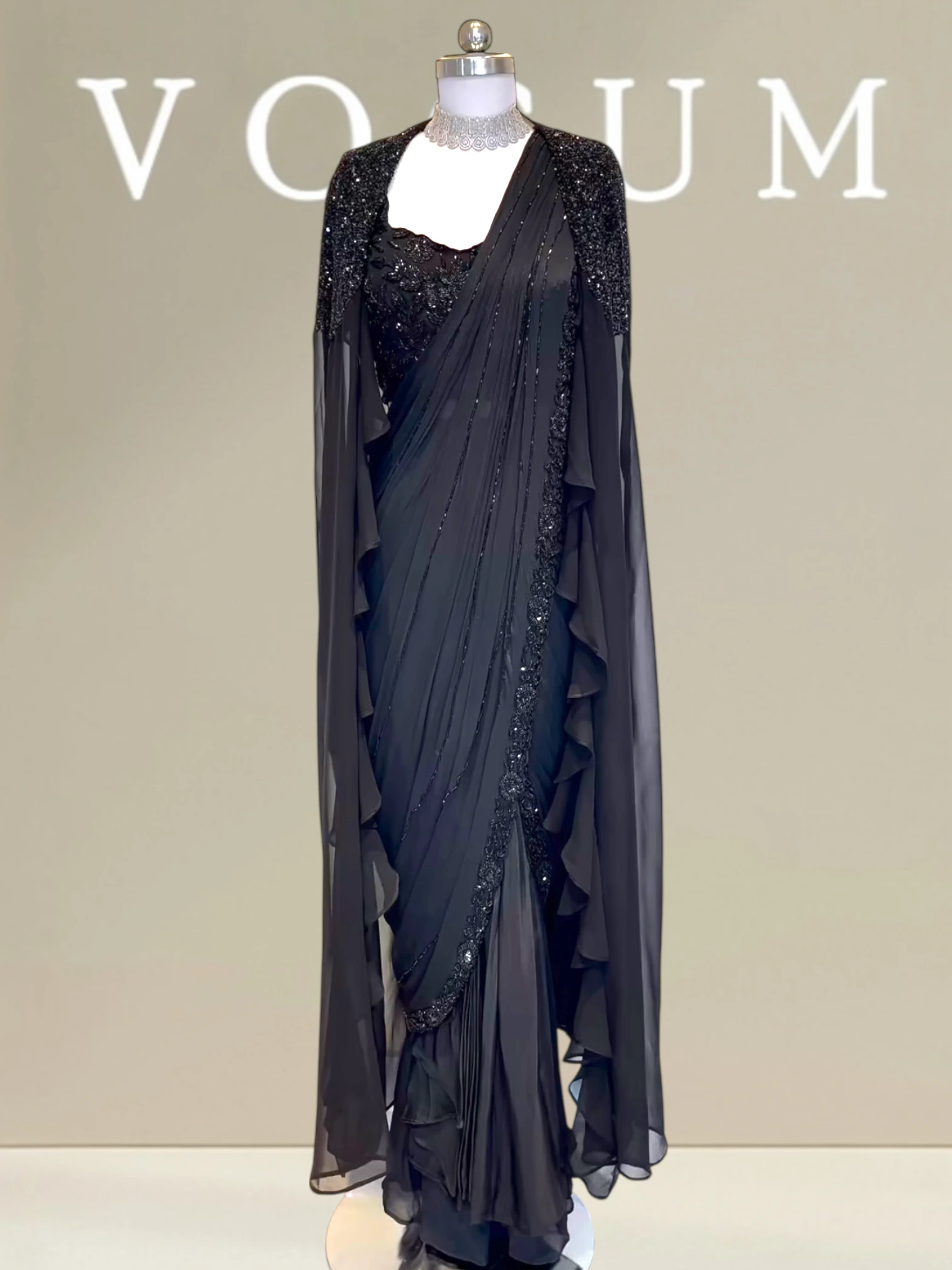 Luxe Self Black Saree Set With Cape related product